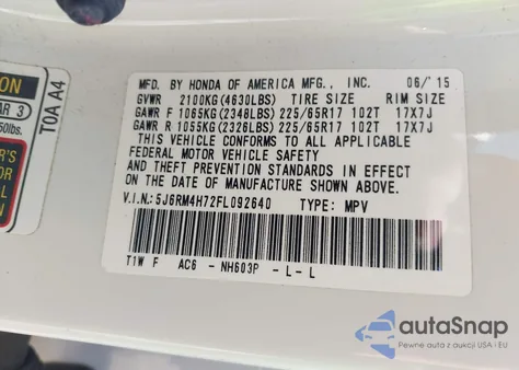 2015 Honda Cr-V Ex-L from USA, damaged, VIN 5J6RM4H72FL092640